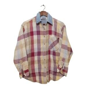 VTG RIDE Womens Button Down Long Sleeve Multicolor Plaid Flannel Denim Collar S?